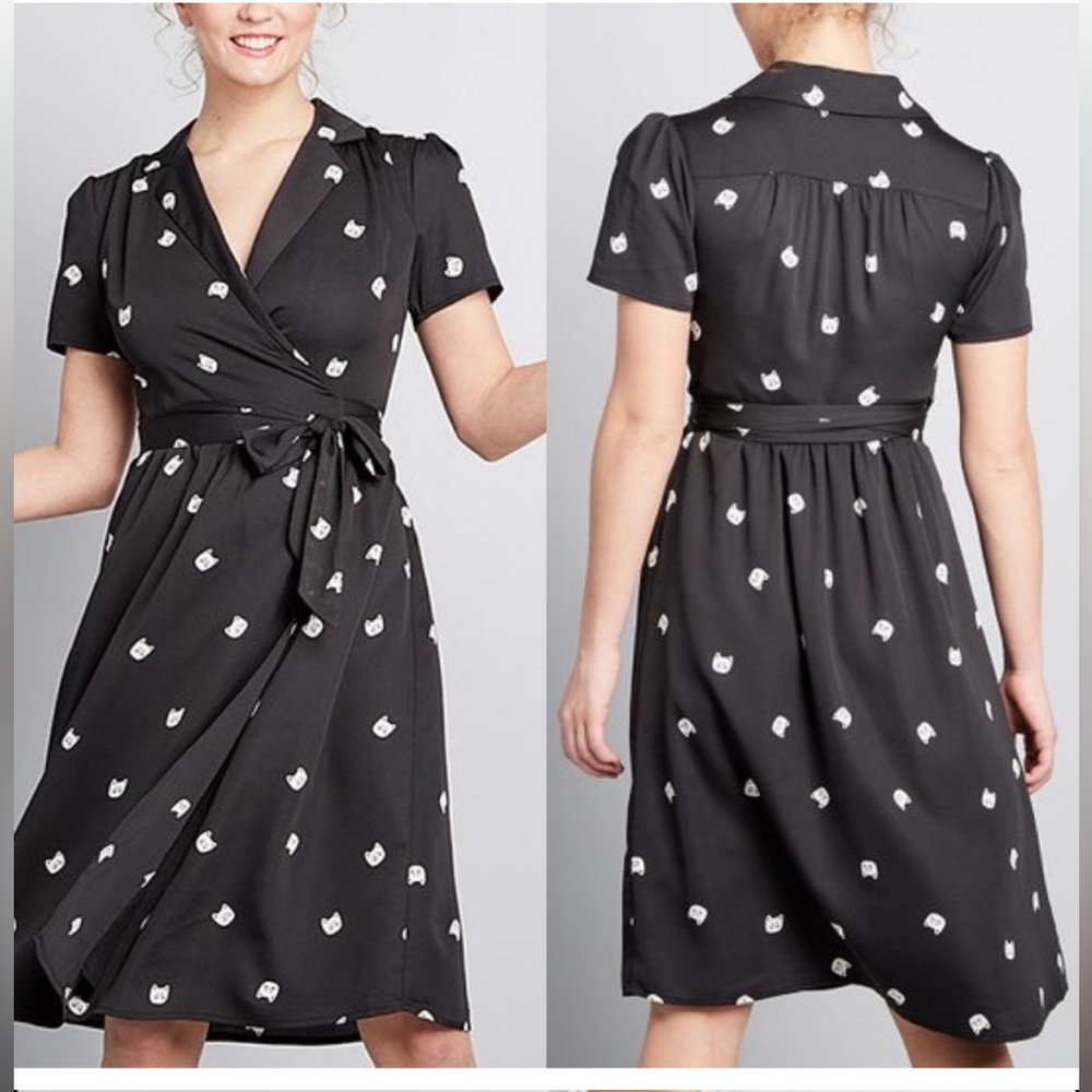 ModCloth Tied & Timeless Midi Cat Wrap Dress Sz M
